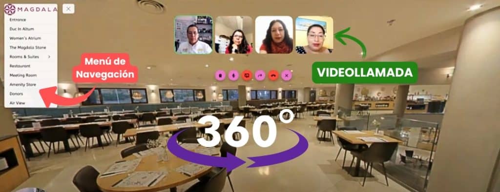 Recorrido Virtual 360 para hotel con menú de navegación y videollamada integrada