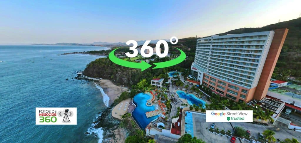 Recorridos Virtuales 360 para Google y web --Panorámica aérea 360 de hotel frente al mar con albercas